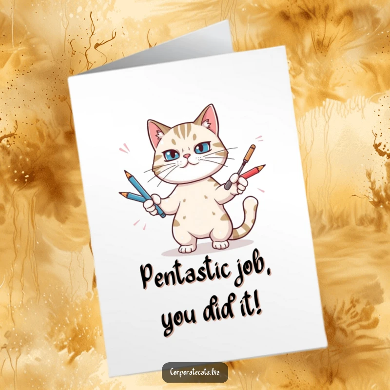 Funny Free Printable Congratulations Card: Determined cat juggles pens, celebrating achievements with comical flair.
