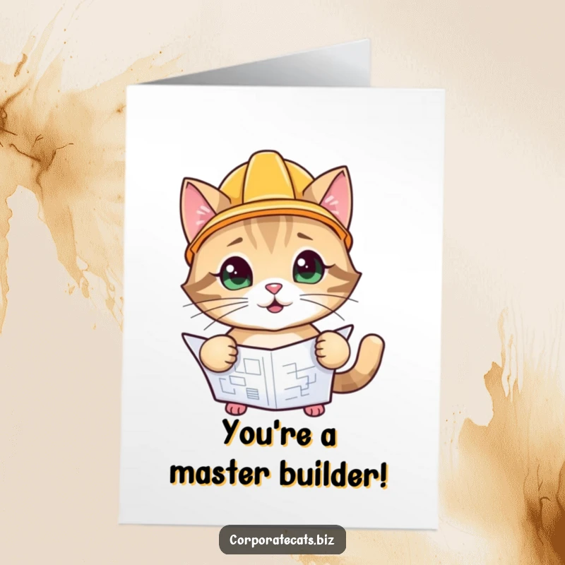 Funny Free Printable Congrats Card: Cat wearing a hard hat inspecting a blueprint, celebrating project success.