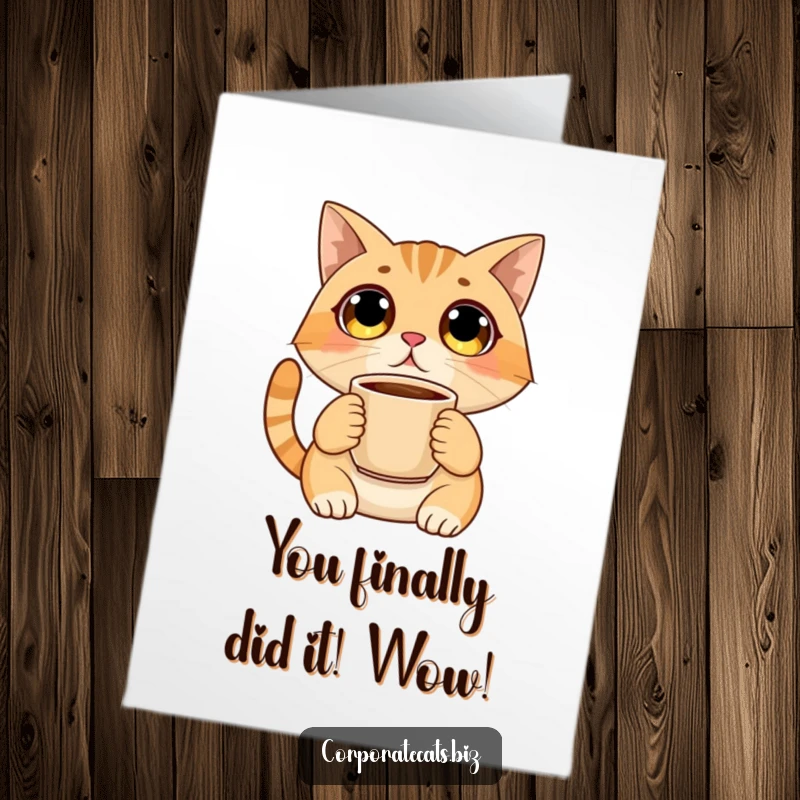 Funny Free Printable Congrats Card: A cat looks shocked, wide-eyed, holding a coffee cup for exciting news.