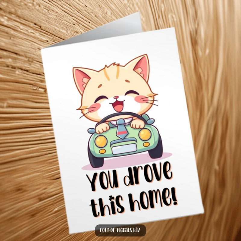 Funny Free Printable Congrats Card: Sophisticated cat in a necktie joyfully drives a miniature car, marking a successful journey.
