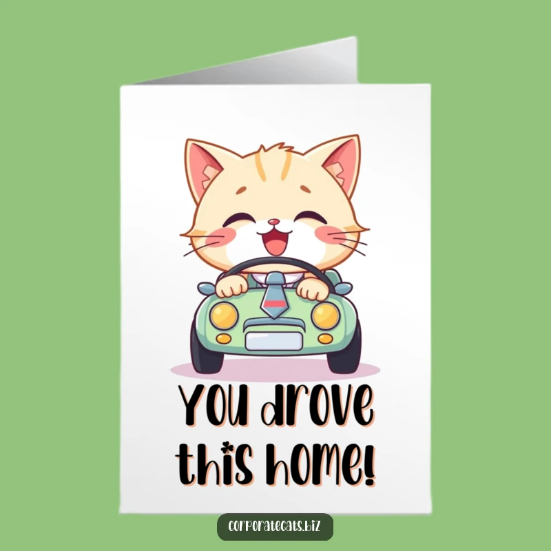 Free Printable Congrats Card: Stylish Cat Driver, Milestone Achieved, Humorous Download.