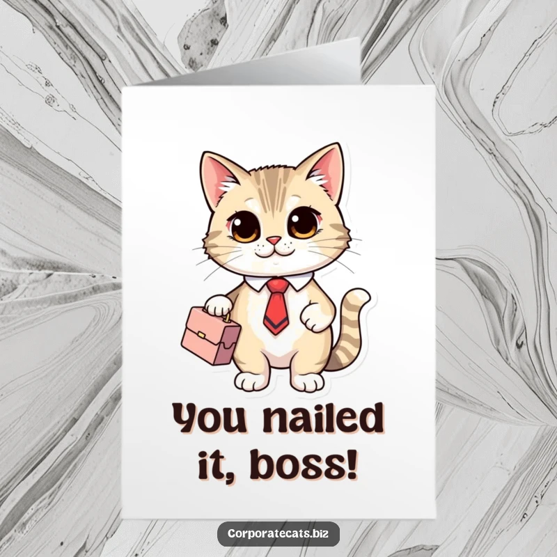 Funny Free Printable Congrats Card: Adorable cat with a tie and briefcase offering congratulations on accomplishments.