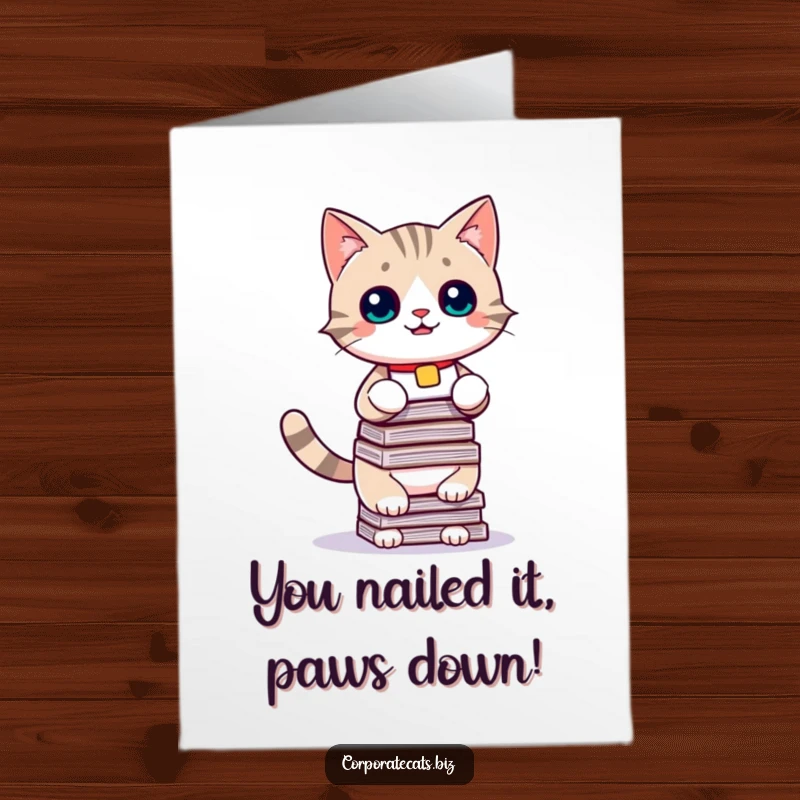 Funny free printable congratulations card showing a cat victoriously balancing a huge stack of papers, symbolizing career success.