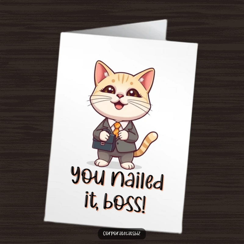 Funny Free Printable Congratulations Card: Cat in a suit with a briefcase, celebrating success and achievements with style.