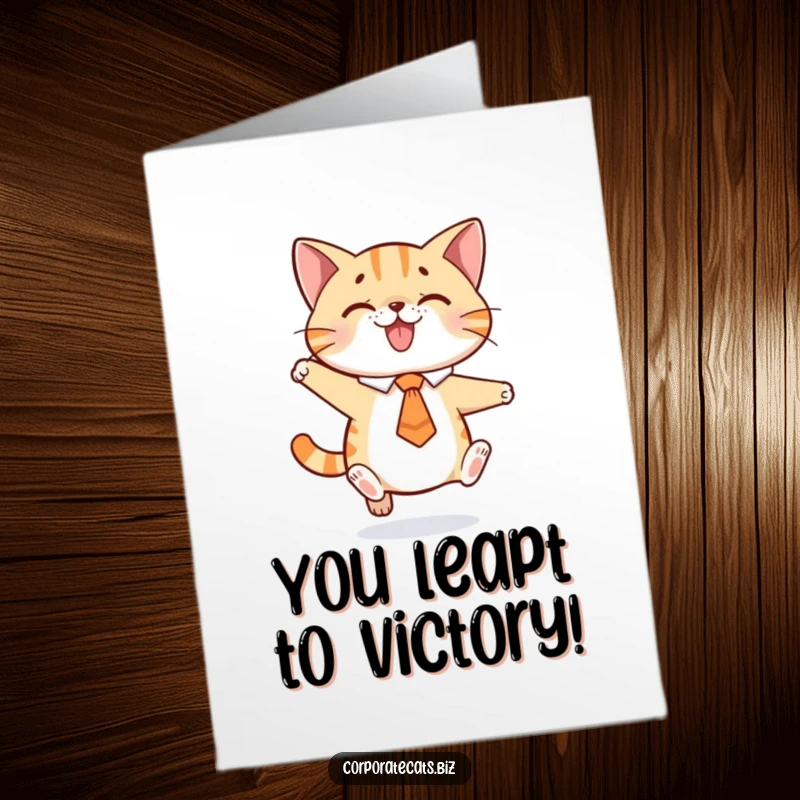 Funny Free Printable Congratulations Card: Playful cat in a tie, jumping with excitement to celebrate achievements.