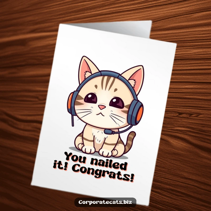 Funny Free Printable Congrats Card: Cat intently focused on a video call, wearing a headset, celebrating success.