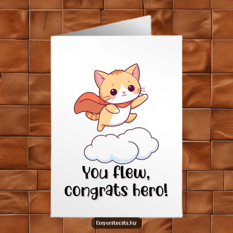Funny free printable congratulations card: curious cat in a cape leaping dynamically from one cloud to another.