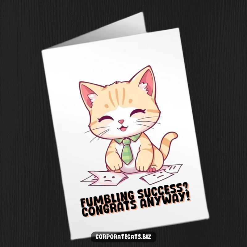 Funny Free Printable Congratulations Card: A cat in a small tie struggles comically with scattered papers, a humorous take on accomplishing a task.