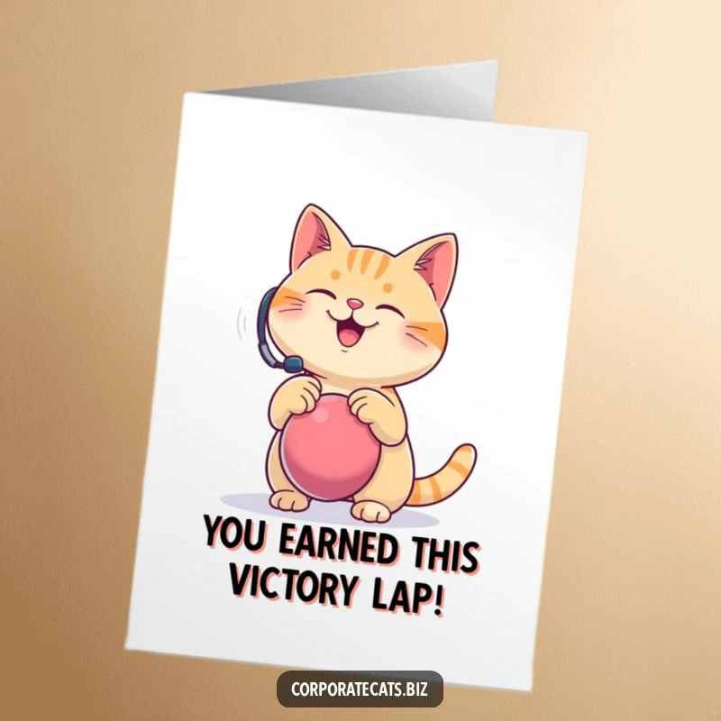 Funny free printable congratulations card featuring a cat in a headset gleefully bouncing a stress ball, signifying successful stress management.