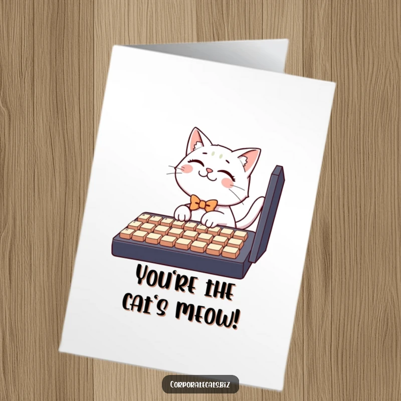 Funny free printable congratulations card of a cat in a bowtie typing furiously on a large keyboard, celebrating a digital win.