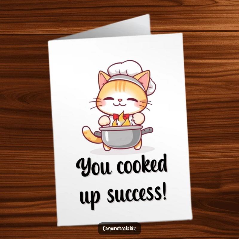 Funny Free Printable Congrats Card: Cat chef drops a pot, symbolic of a messy but potentially successful culinary effort.