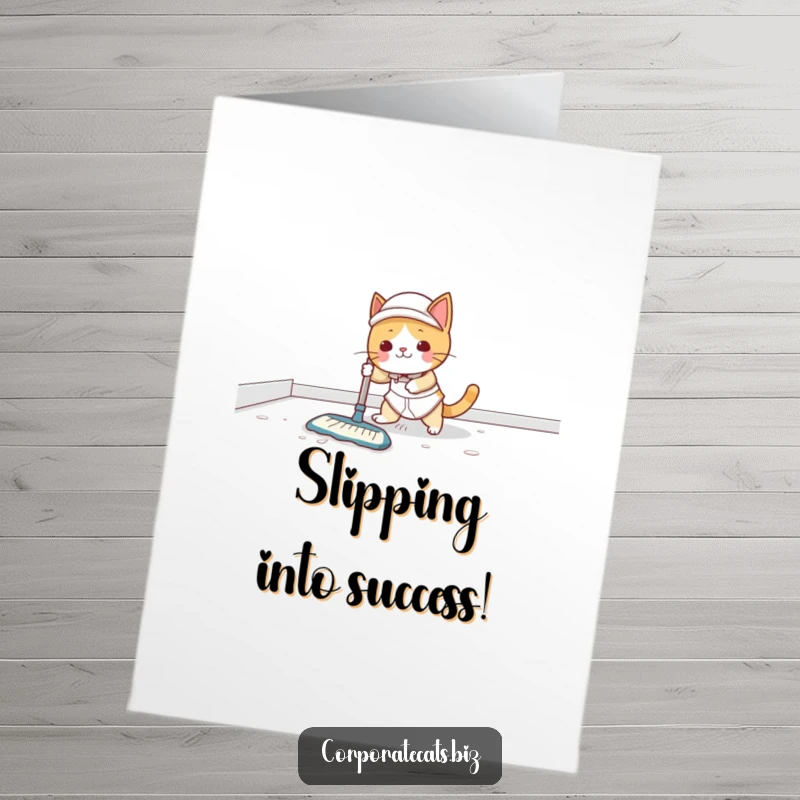 Funny Free Printable Congrats Card: Cat janitor slips on wet floor, a hilarious visual for congratulations.