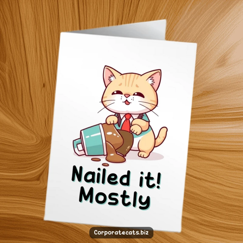 Funny Free Printable Congrats Card: Cat executive spills coffee, symbolizing a chaotic but successful moment, great gift.