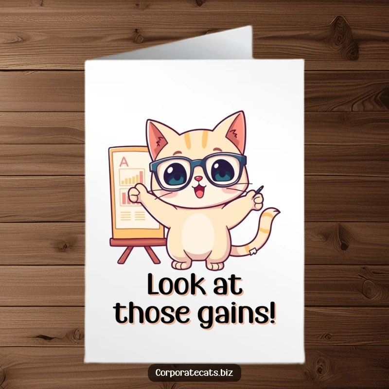 Funny Free Printable Congrats Card: Cat wearing glasses points energetically at a rising chart, signifying success.