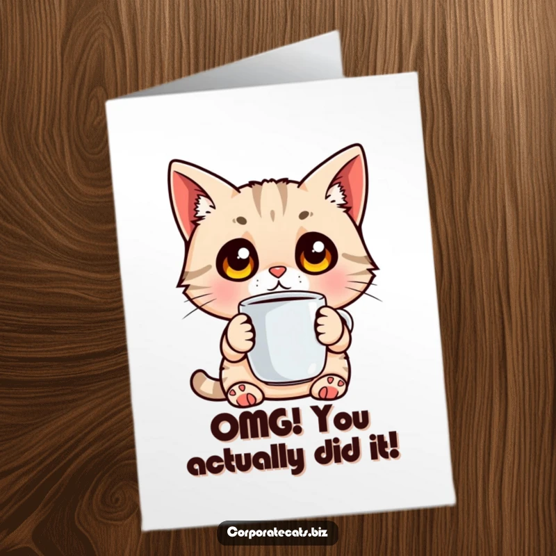 Funny Free Printable Congratulations Card: A wide-eyed cat holds a coffee cup, expressing pure surprise and celebration at your incredible achievement!