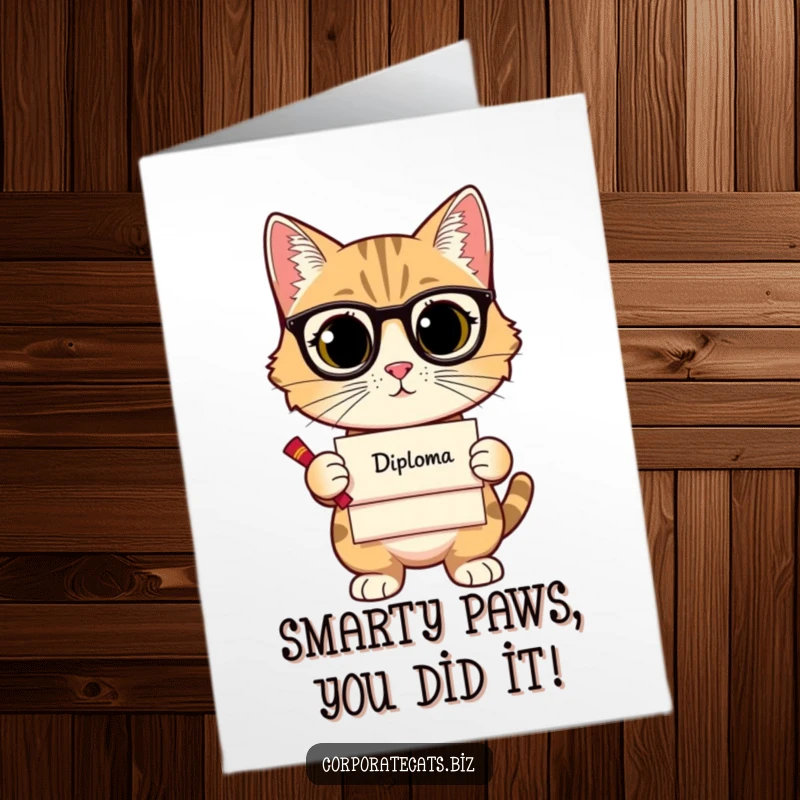 Funny Free Printable Congrats Card: A sophisticated cat holds a tiny diploma, signifying major success.