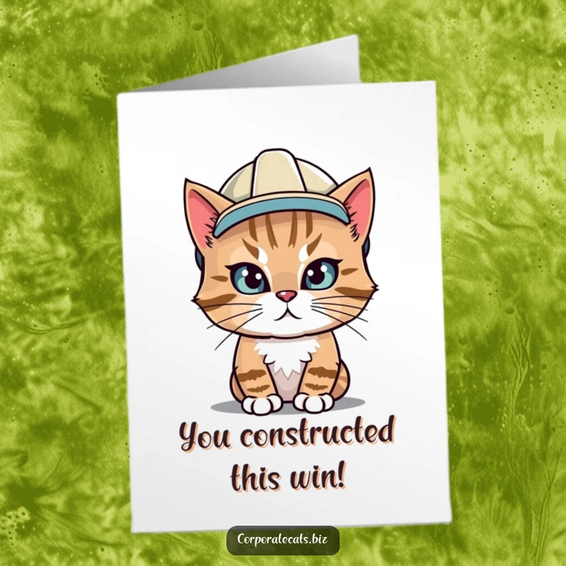 Funny Free Printable Congratulations Card: Cat in a hard hat, celebrating achievements and successful completions with determination.