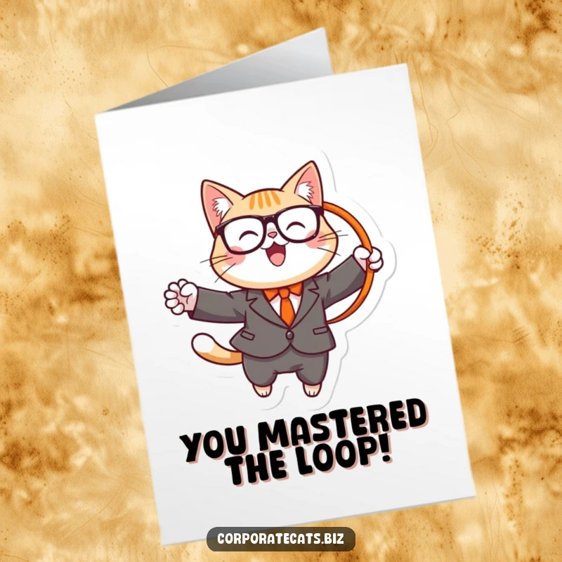 Funny Free Printable Congratulations Card: A cheerful cat character, dressed in a suit and glasses, expertly jumps through a suspended hoop.