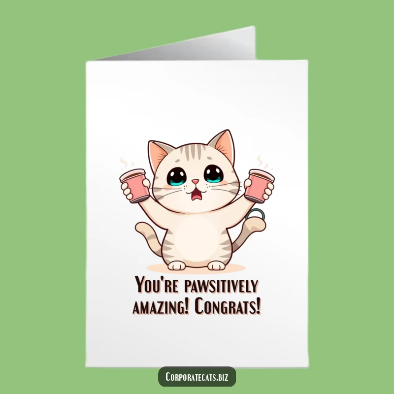Free Printable Cat Juggling Coffee Card: Funny Congrats Downloadable Gift for Busy Bees