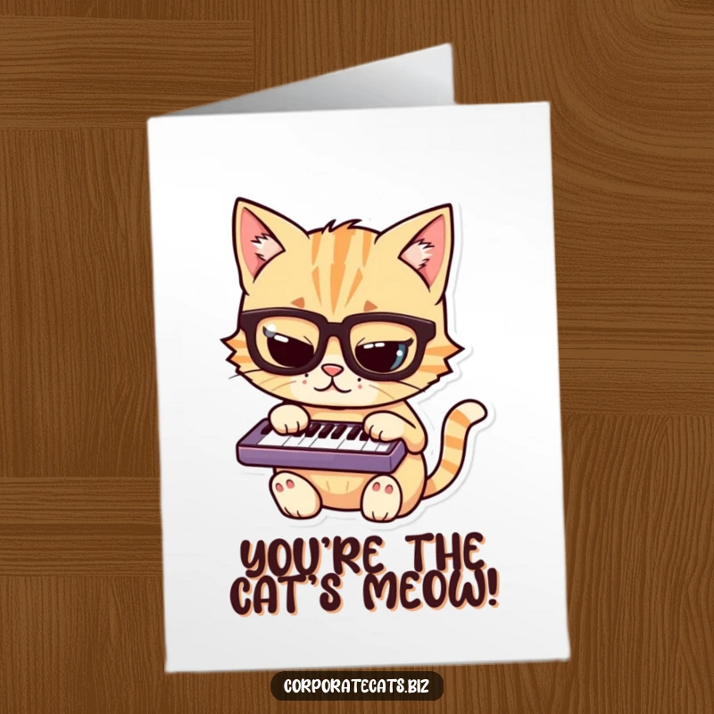 Free Printable Congratulations Card showcasing a cool cat wearing glasses, playing a miniature keyboard.