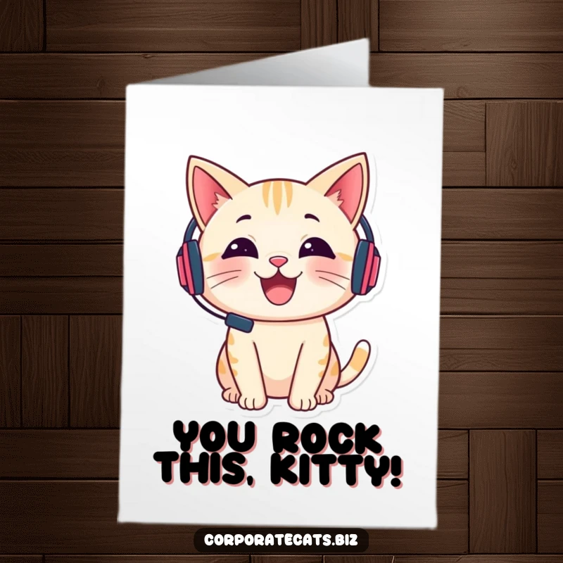 Funny Free Printable Congratulations Card: A cheerful cat with a headset shares exciting news, celebrating your fantastic accomplishment!