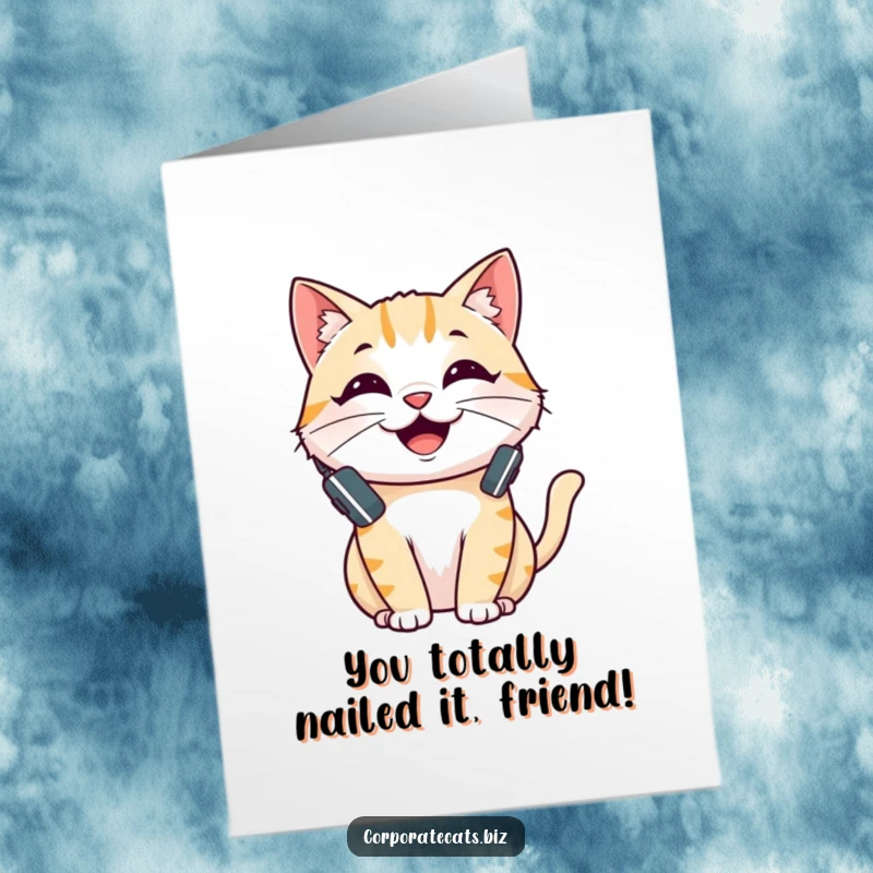 Funny Free Printable Congrats Card: A cheerful cat sports a tiny headset, ready to announce good news.