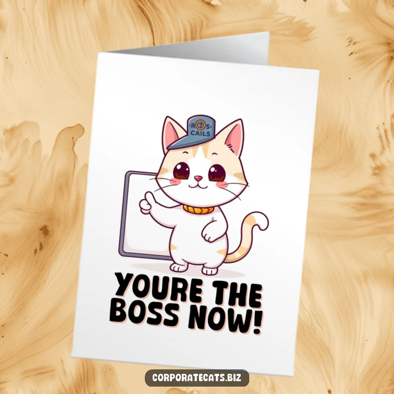 Funny Free Printable Congratulations Card: Cat wears a boss hat, pointing with authority to celebrate success.