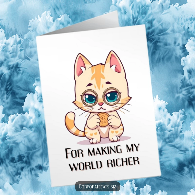 Funny Free Printable Thank You Card: Cat with monocle inspects coin, expressing thanks with downloadable sophistication.