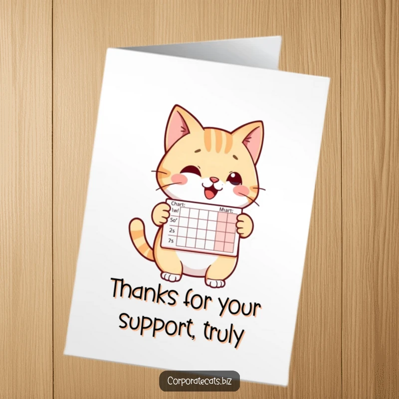 Funny free printable thank you card featuring a cheerful cat character presenting a tiny chart that signifies positive outcomes.