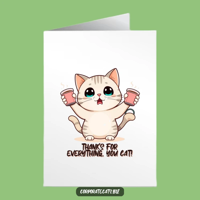 Free Printable Cat Juggling Coffee Card: Funny Thank You Downloadable Gift for Helpers