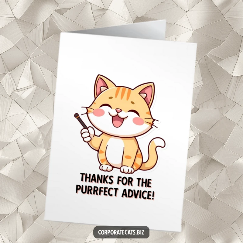 Funny Free Printable Cat Thank You Card: A happy cat character uses a pointer to present their sincere thanks.