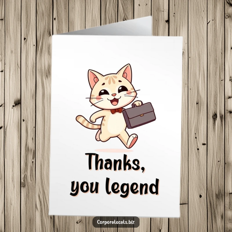 Funny Free Printable Thank You Card: A smiling cat runs with a briefcase, delivering thanks with enthusiastic speed.