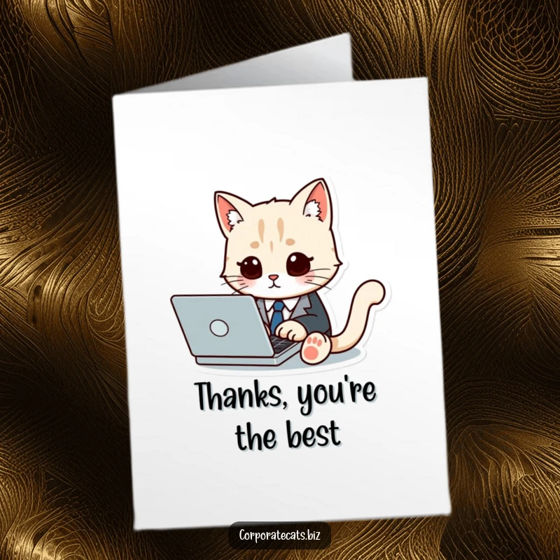 Funny Free Printable Thank You Card: A cute cat in a suit and tie types on a laptop, sending a stylish thank you.