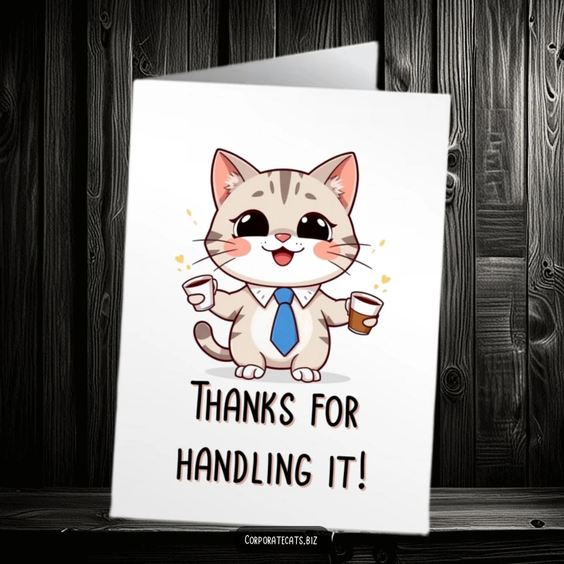 Funny Free Printable Cat Thank You Card: A cat in a tiny tie skillfully juggles coffee cups, sending thanks.