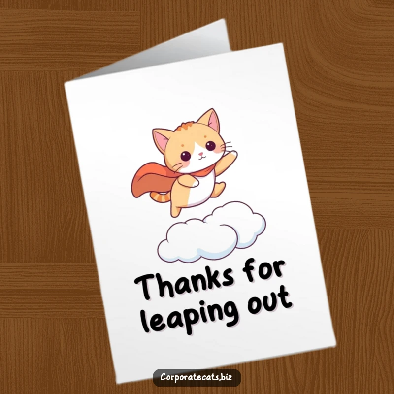 Funny free printable thank you card: curious cat wearing a cape leaping between clouds, saying thank you.