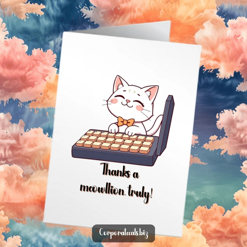 Funny free printable thank you card featuring a happy cat in a bowtie typing away on a giant keyboard, saying thanks.
