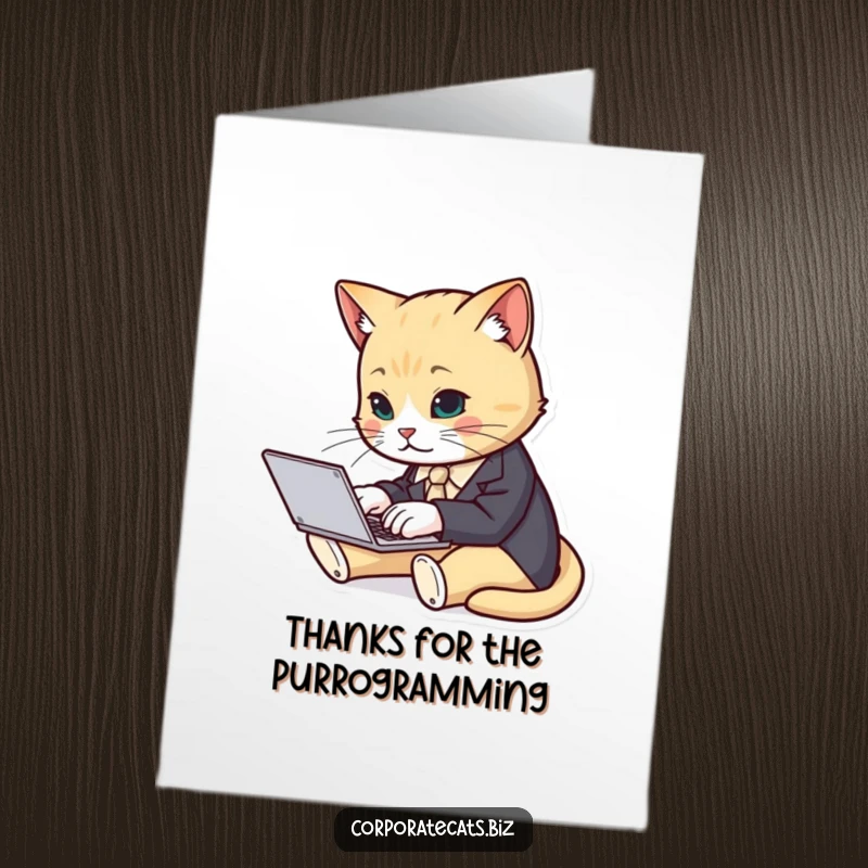 Funny Free Printable Thank You Card: Cat in suit typing diligently on laptop, expressing thanks.