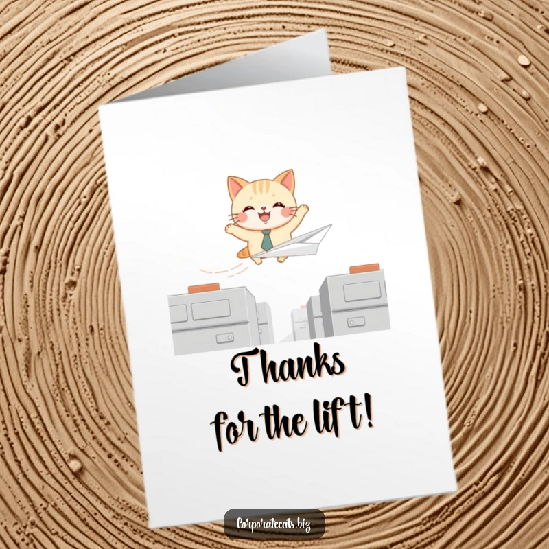 Funny Free Printable Thank You Card: Joyful cat in a tie flies on a paper airplane, humorously expressing thanks.