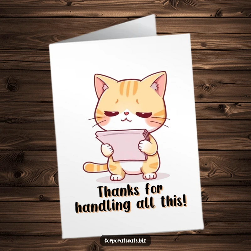 Funny Free Printable Thank You Card: Cat nervously holding many papers, conveying thanks with a comical, stressed expression.