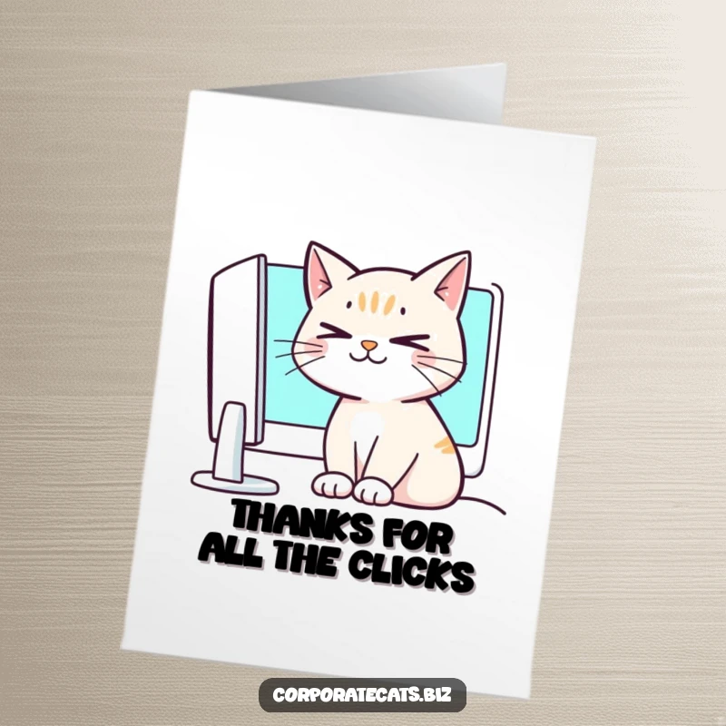 Funny Free Printable Thank You Card: A cat with crossed eyes looking slightly dazed at a computer, conveying awkward thanks.