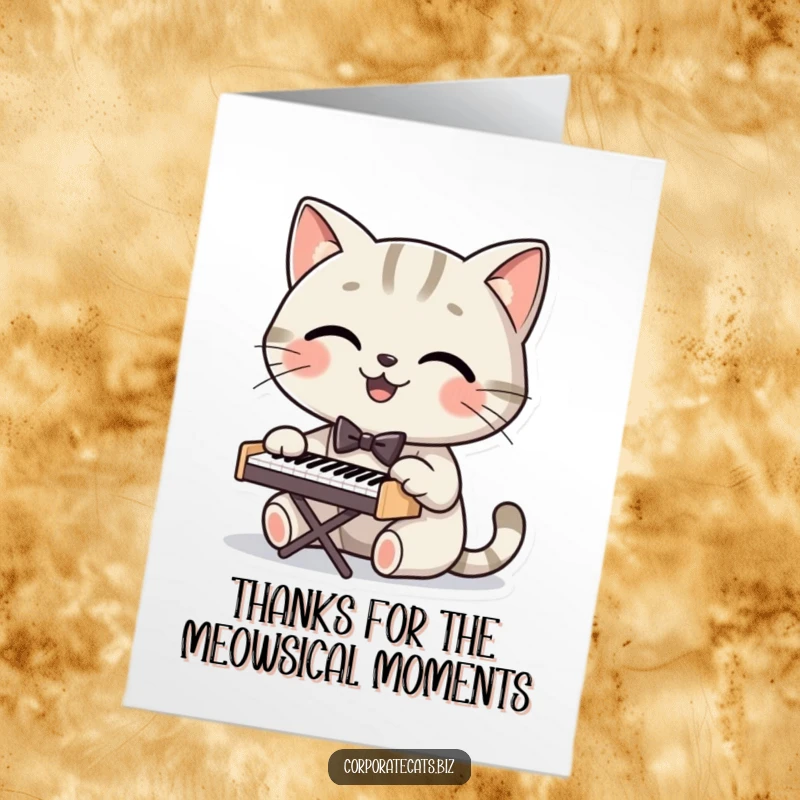 Funny Free Printable Thank You Card: Dapper cat in bowtie plays piano, expressing thanks with downloadable charm.