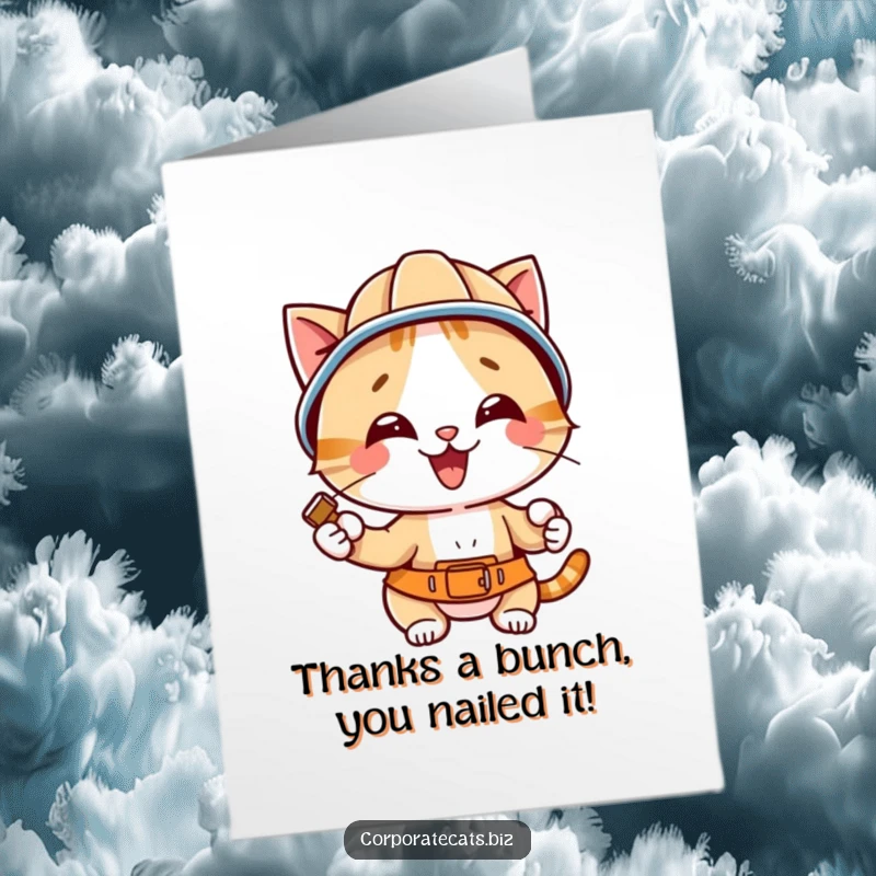 Funny free printable thank you card with a cat in a hard hat, hammering a nail with determined focus and a cheerful expression.