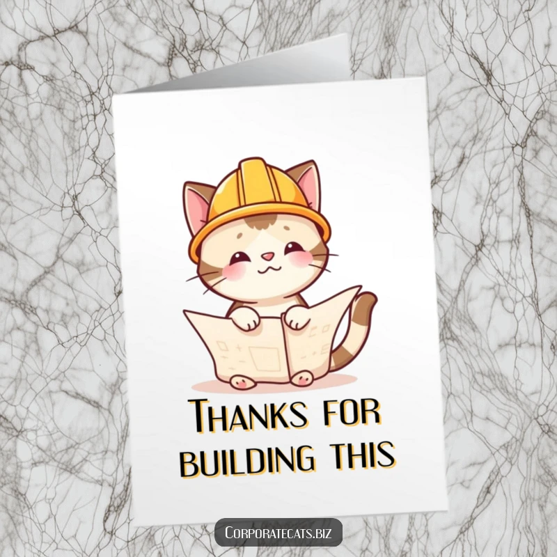 Funny Free Printable Thank You Card: Cat wearing a hard hat, holding blueprints, expressing thanks with purrfect diligence.