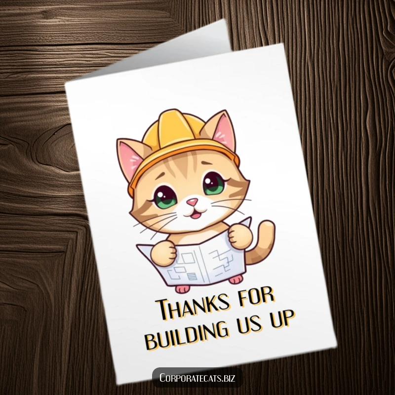 Funny Free Printable Thank You Card: A playful cat in a hard hat looking at plans, saying thank you.