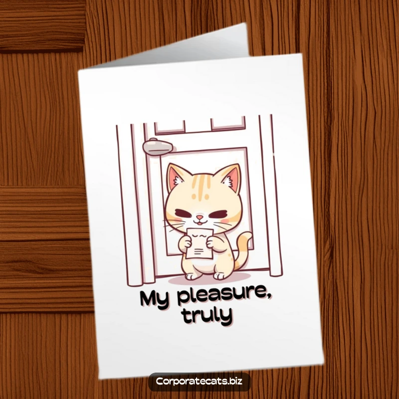 Funny Free Printable Thank You Card: A mischievous cat with a smirk slipping a tiny memo under a door, saying thank you.