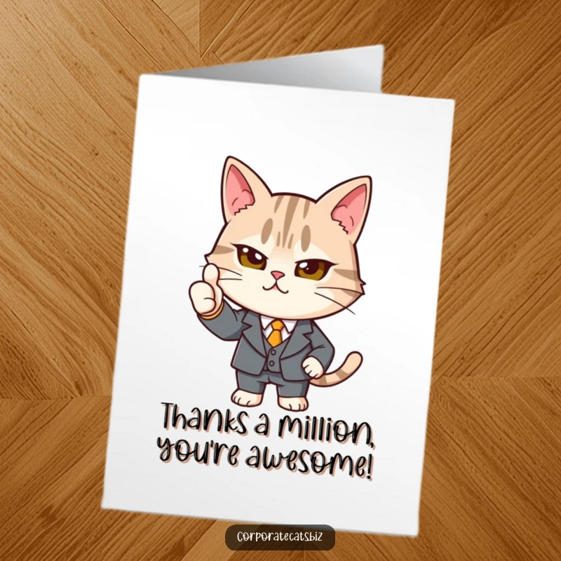 Funny Free Printable Thank You Card: A dapper cat in a tiny suit confidently holds up a strong thumbs-up.