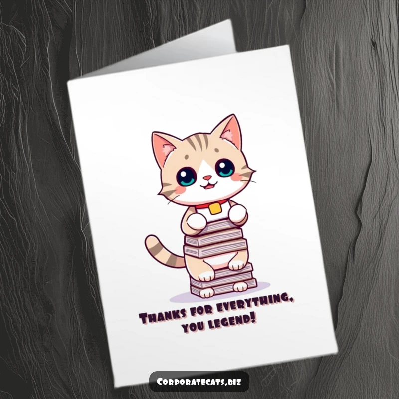 Funny free printable thank you card with a cat juggling many documents, humorously representing a big thanks from the office.
