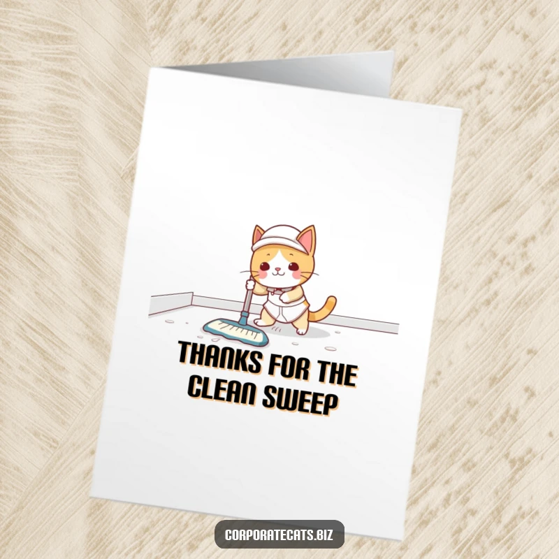 Funny Free Printable Thank You Card: Cat janitor slips on wet floor, perfect for a humorous thank you.