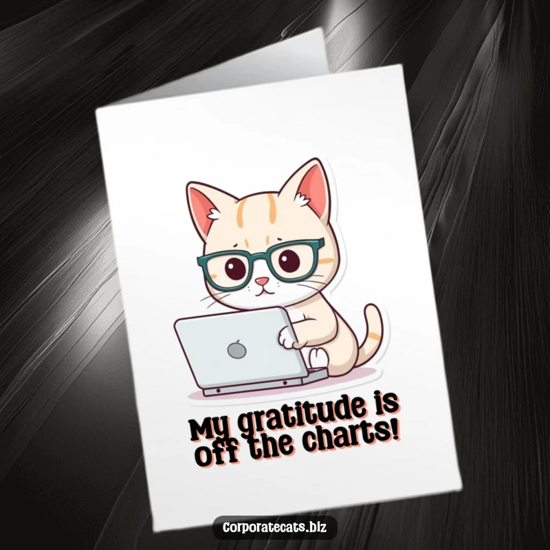 Funny Free Printable Thank You Card: A cat wearing small spectacles is diligently typing on a miniature laptop.