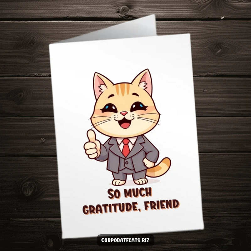Funny Free Printable Thank You Card: A smiling cat in a formal suit giving a confident thumbs up, saying thank you.